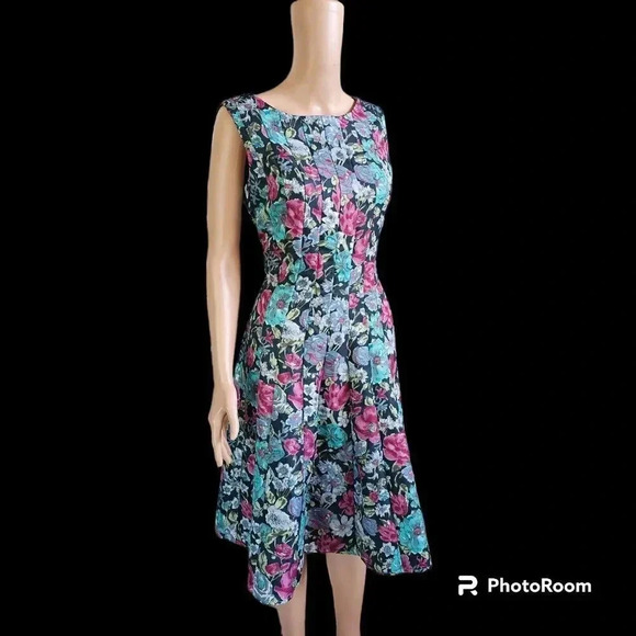 Koret Blue Multicolor Floral Pinafore Dress Sleeveless Invisible Zipper Sz 8 - Picture 9 of 10